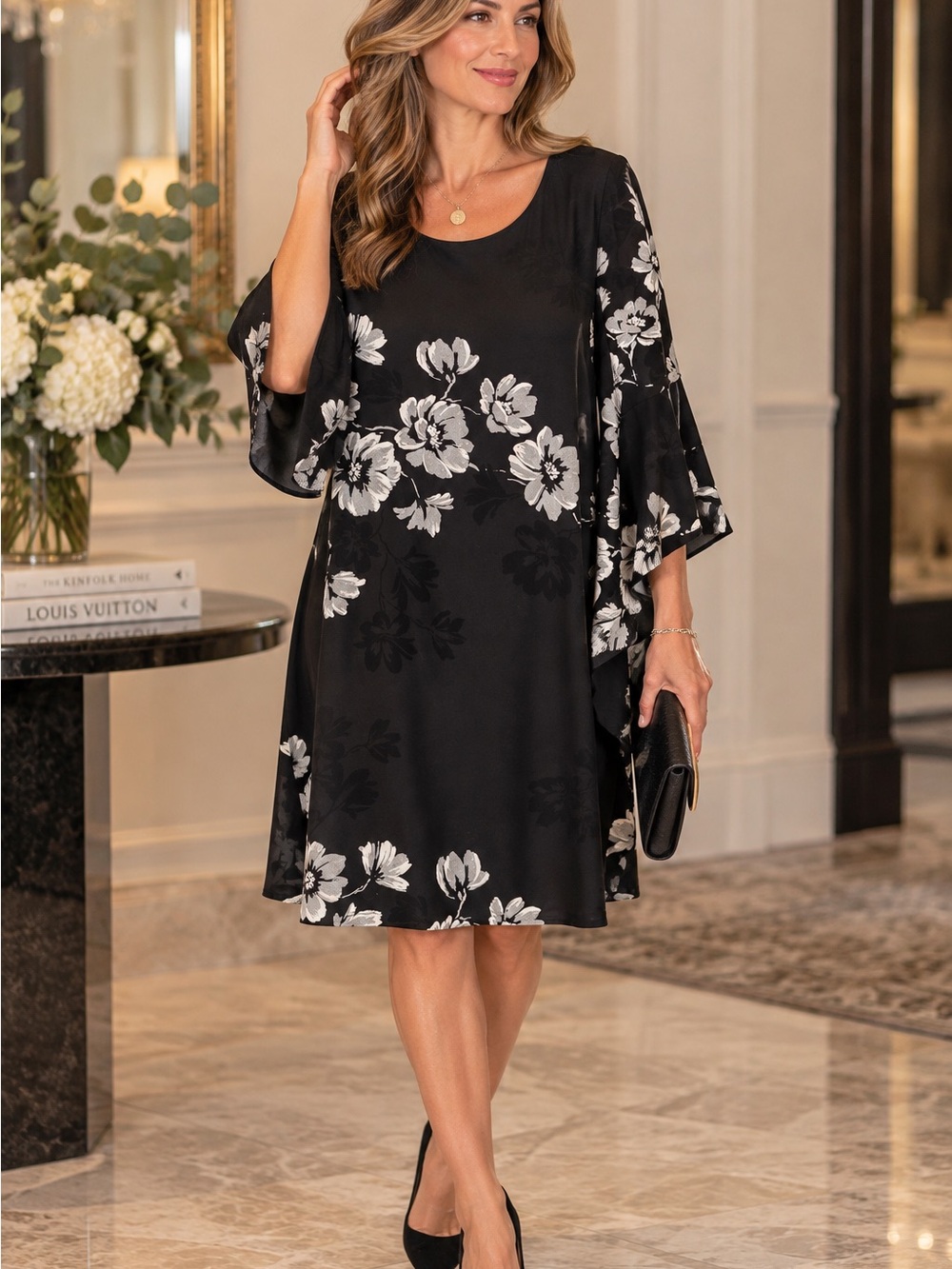 Lauren Ralph Lauren Size 16 Black Ivory Floral Bell Sleeve Stretch Dress